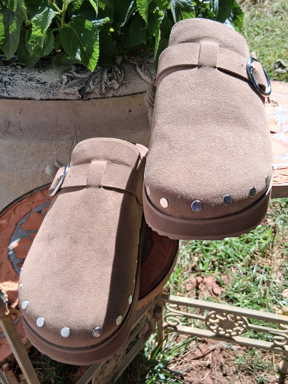 JustFab Tan Suede Platform Clogs with Silver Studs